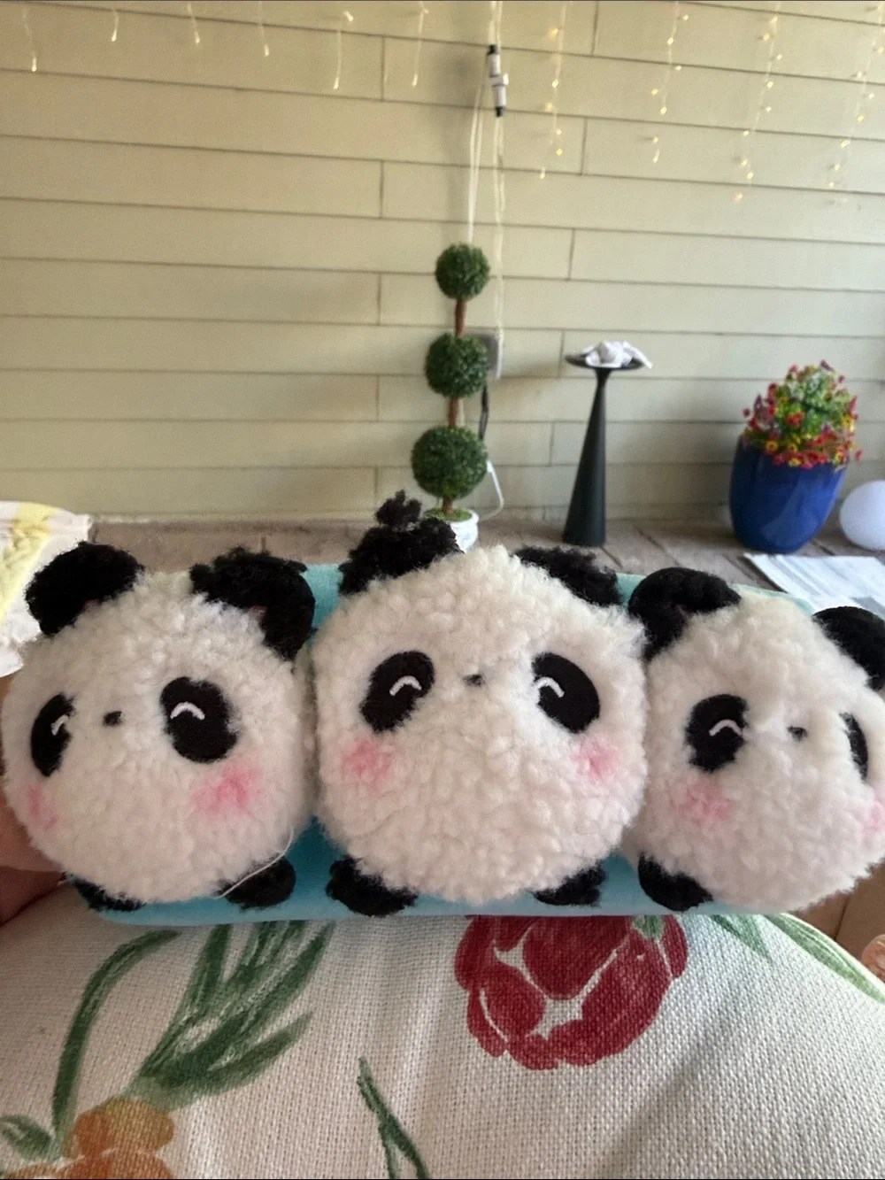 Cute 🥰 Plush Panda Trio Small Pouch - White and Black & blue!